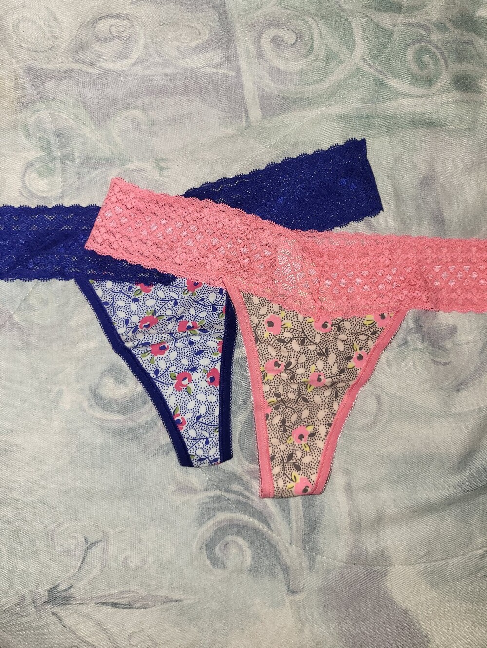 2 Victoria's Secret Pink and Blue Floral Cotton Lace Low-Rise Thongs, Size S